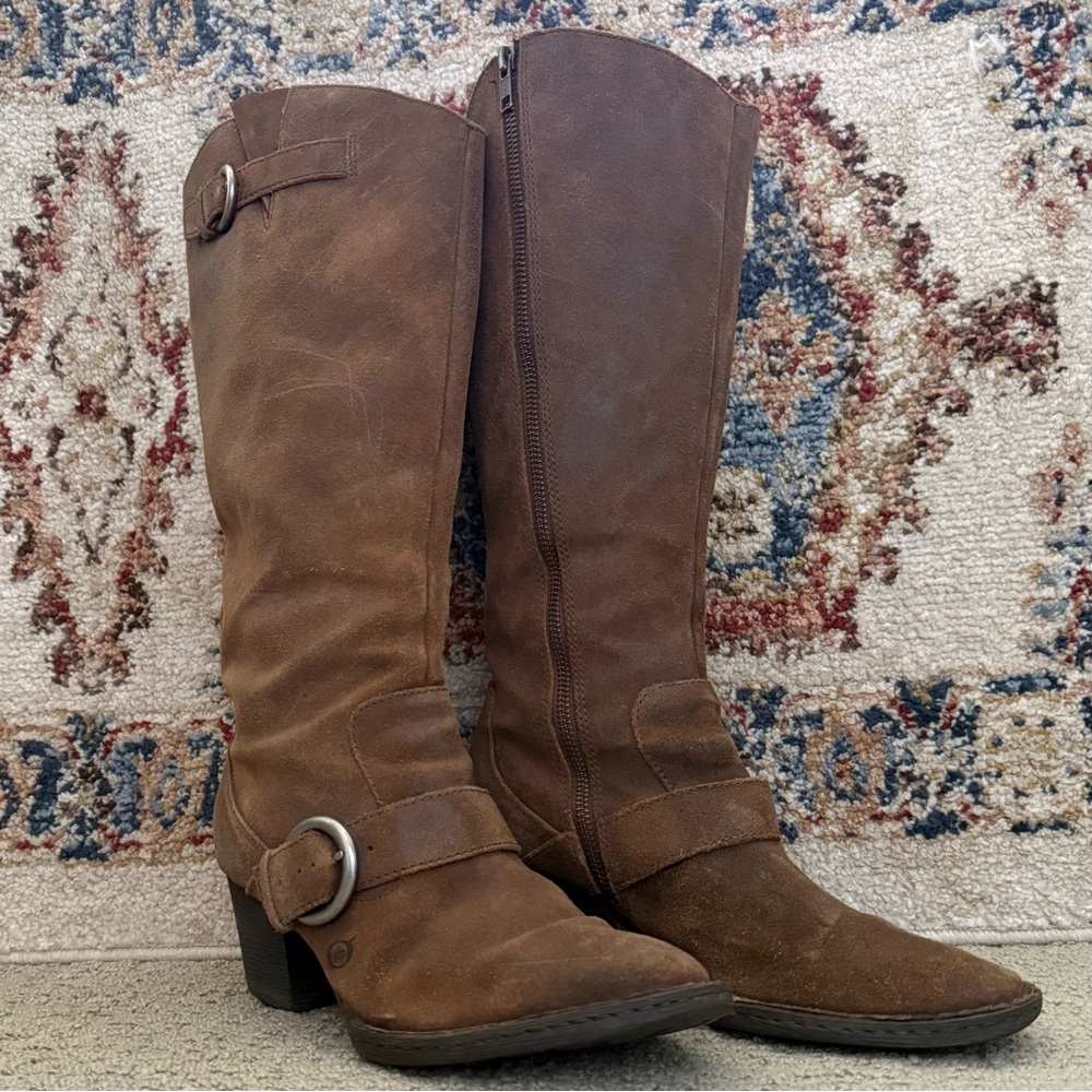 Born Shaylee Brown Distressed Leather Knee-High Boots with Side Zip Size 8